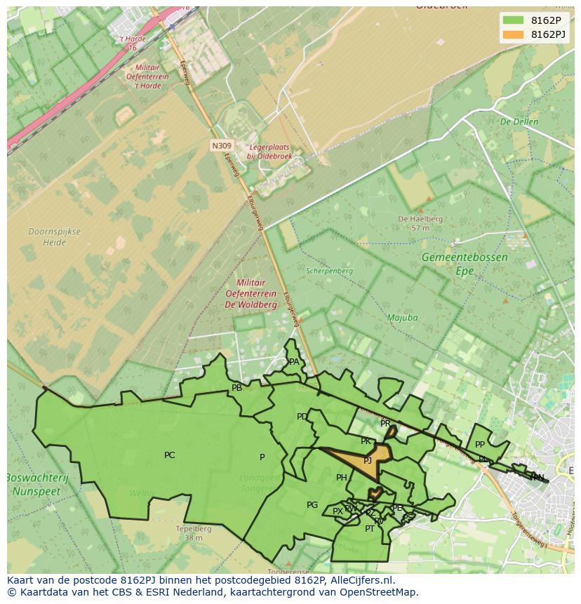 Afbeelding van het postcodegebied 8162 PJ op de kaart.
