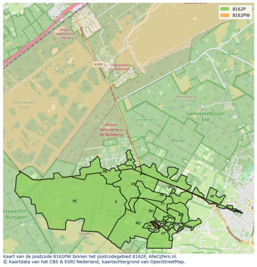 Afbeelding van het postcodegebied 8162 PW op de kaart.