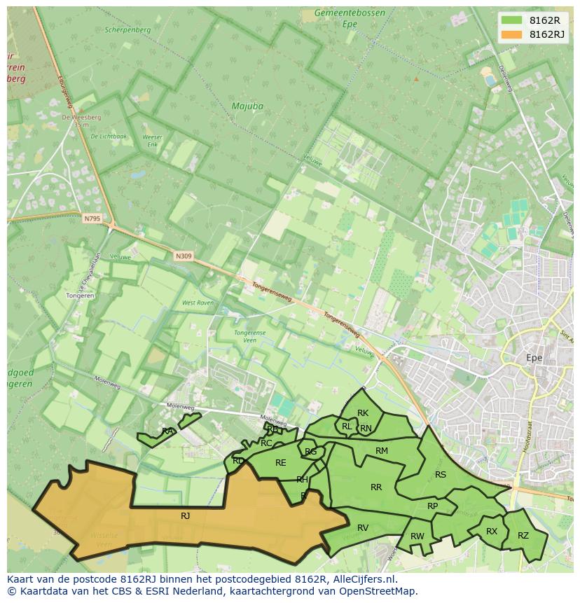 Afbeelding van het postcodegebied 8162 RJ op de kaart.