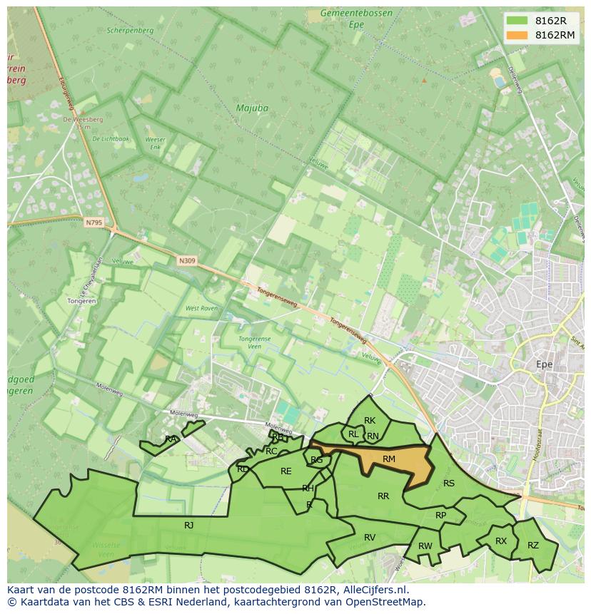 Afbeelding van het postcodegebied 8162 RM op de kaart.