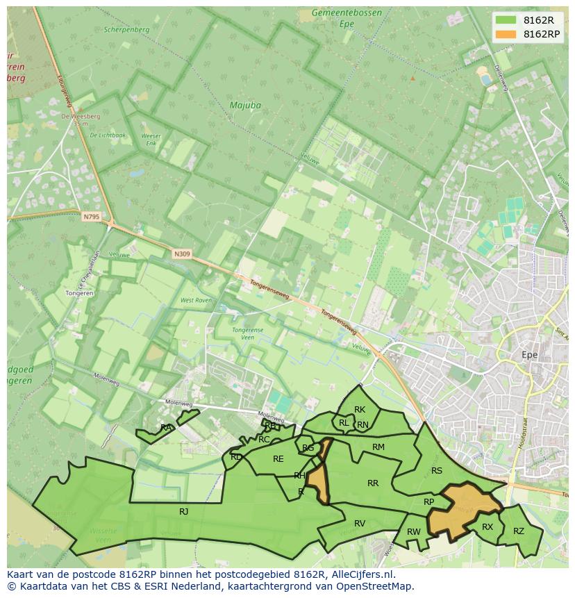Afbeelding van het postcodegebied 8162 RP op de kaart.