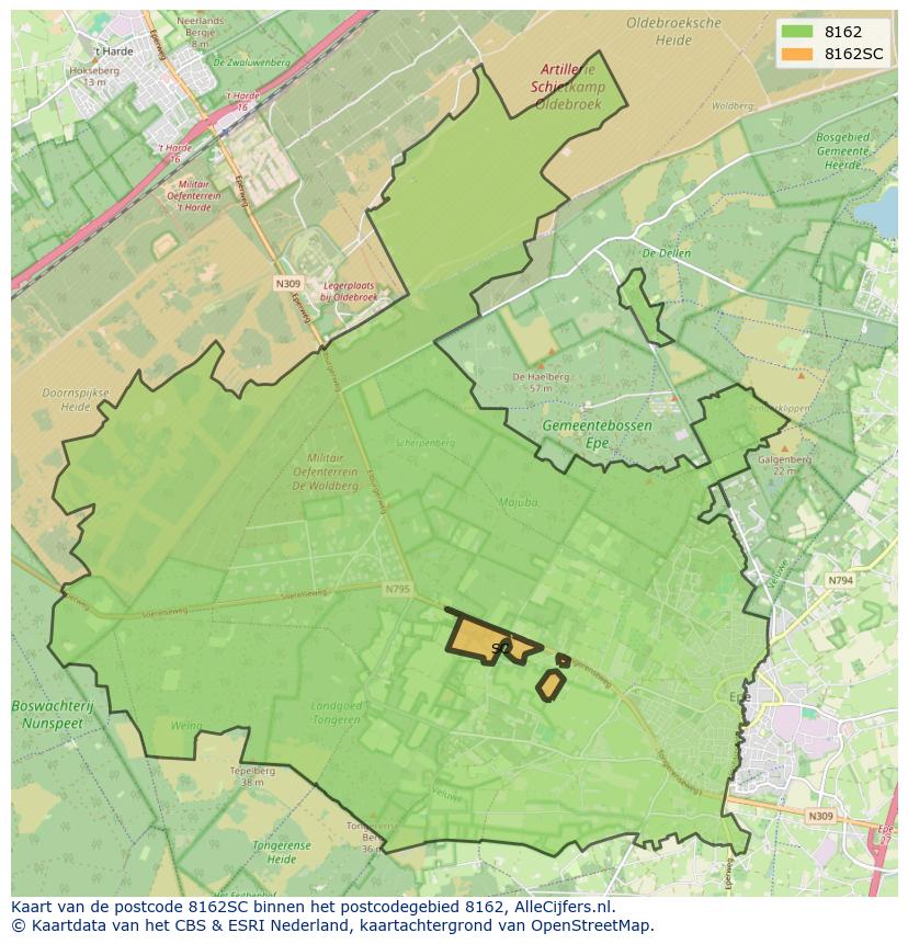 Afbeelding van het postcodegebied 8162 SC op de kaart.