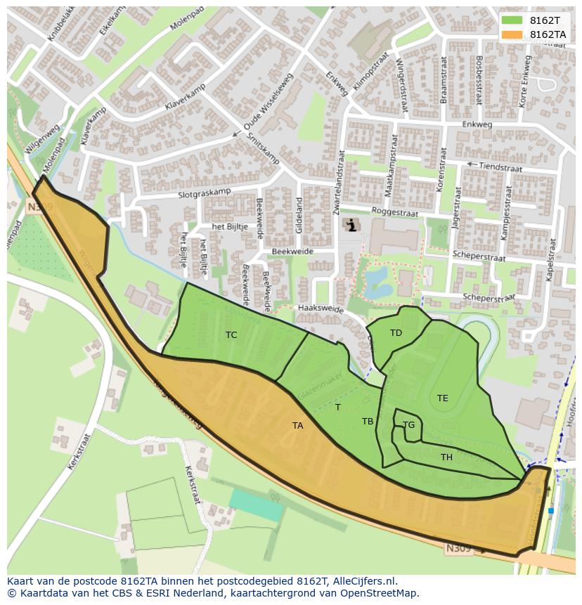 Afbeelding van het postcodegebied 8162 TA op de kaart.