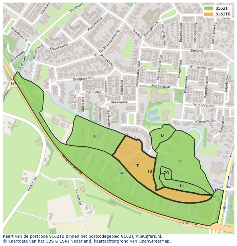 Afbeelding van het postcodegebied 8162 TB op de kaart.