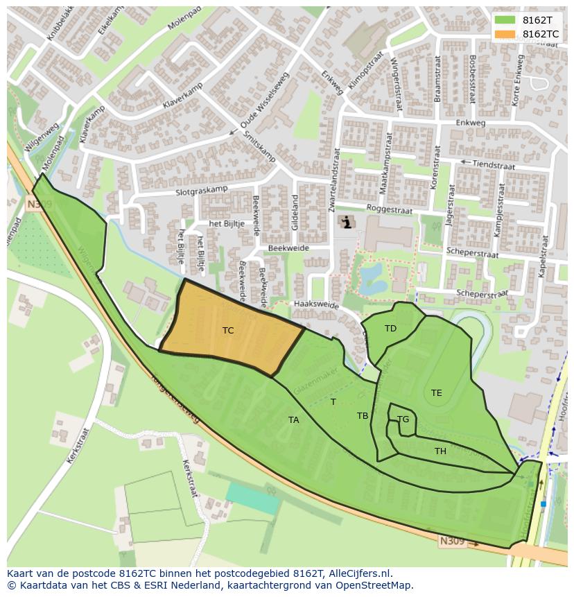 Afbeelding van het postcodegebied 8162 TC op de kaart.