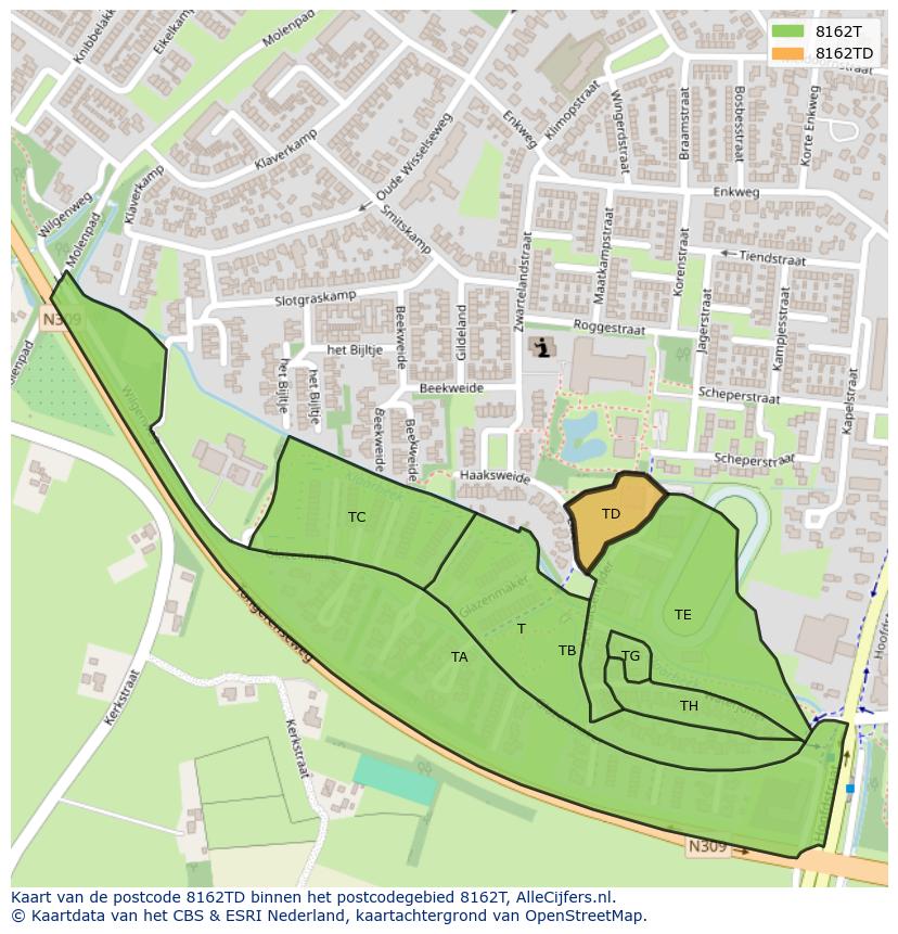 Afbeelding van het postcodegebied 8162 TD op de kaart.