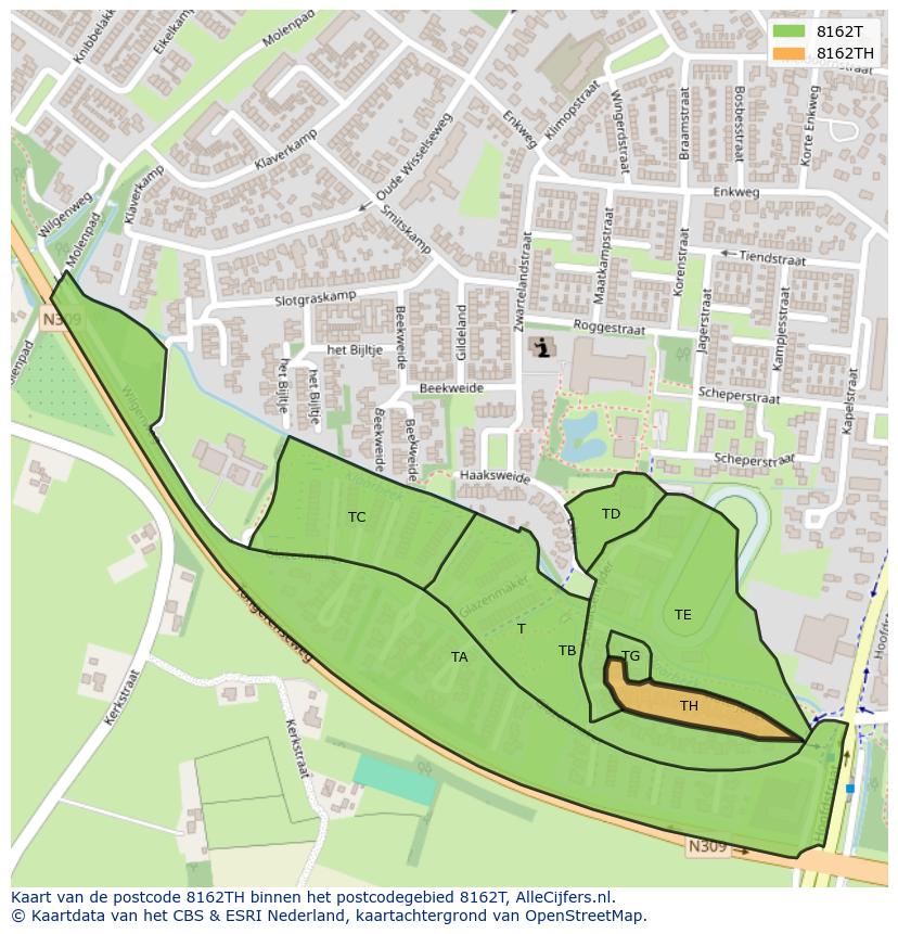 Afbeelding van het postcodegebied 8162 TH op de kaart.