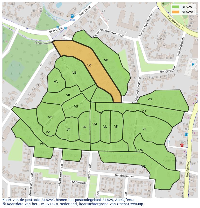 Afbeelding van het postcodegebied 8162 VC op de kaart.
