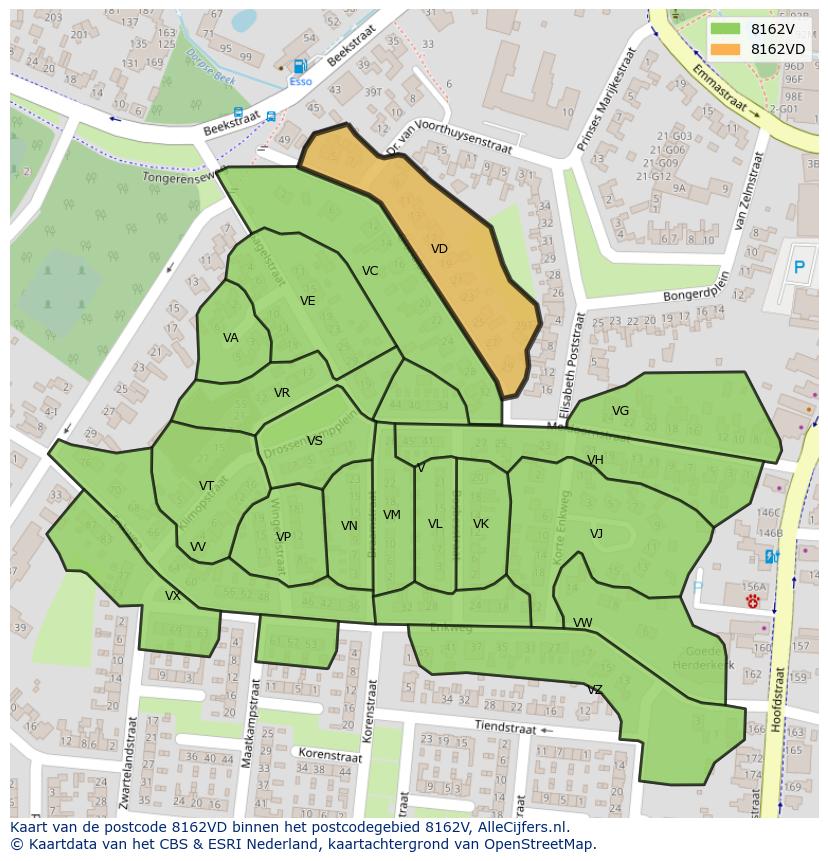 Afbeelding van het postcodegebied 8162 VD op de kaart.