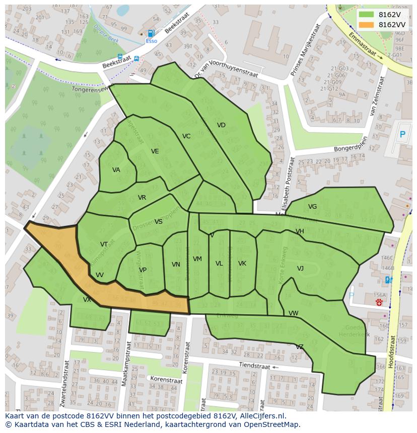 Afbeelding van het postcodegebied 8162 VV op de kaart.
