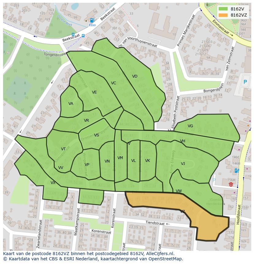 Afbeelding van het postcodegebied 8162 VZ op de kaart.