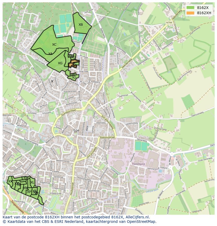 Afbeelding van het postcodegebied 8162 XH op de kaart.