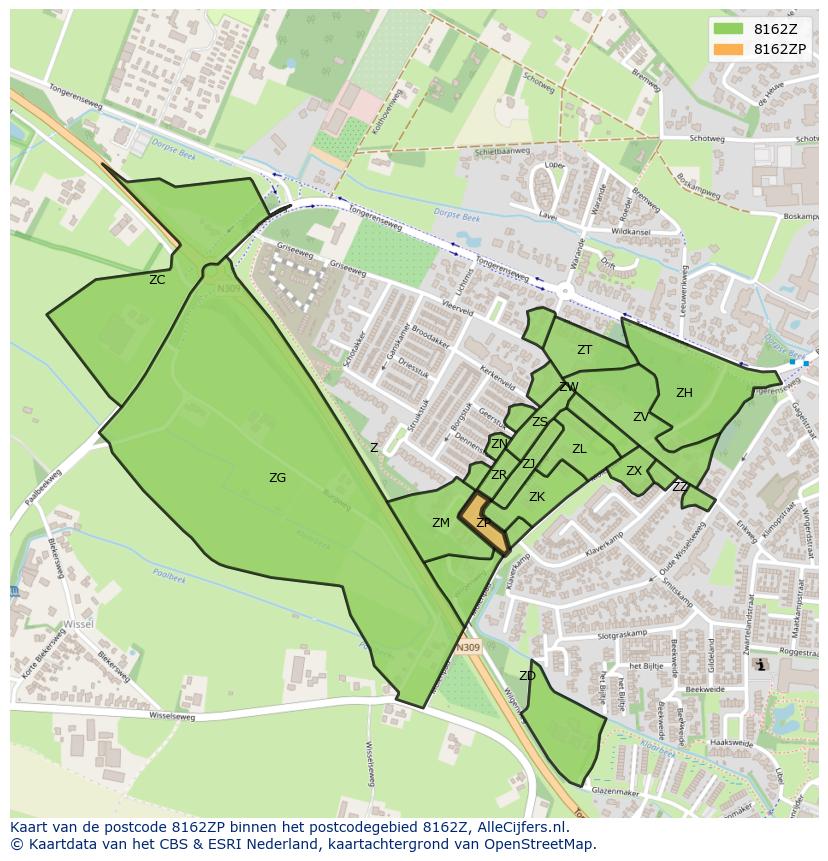 Afbeelding van het postcodegebied 8162 ZP op de kaart.