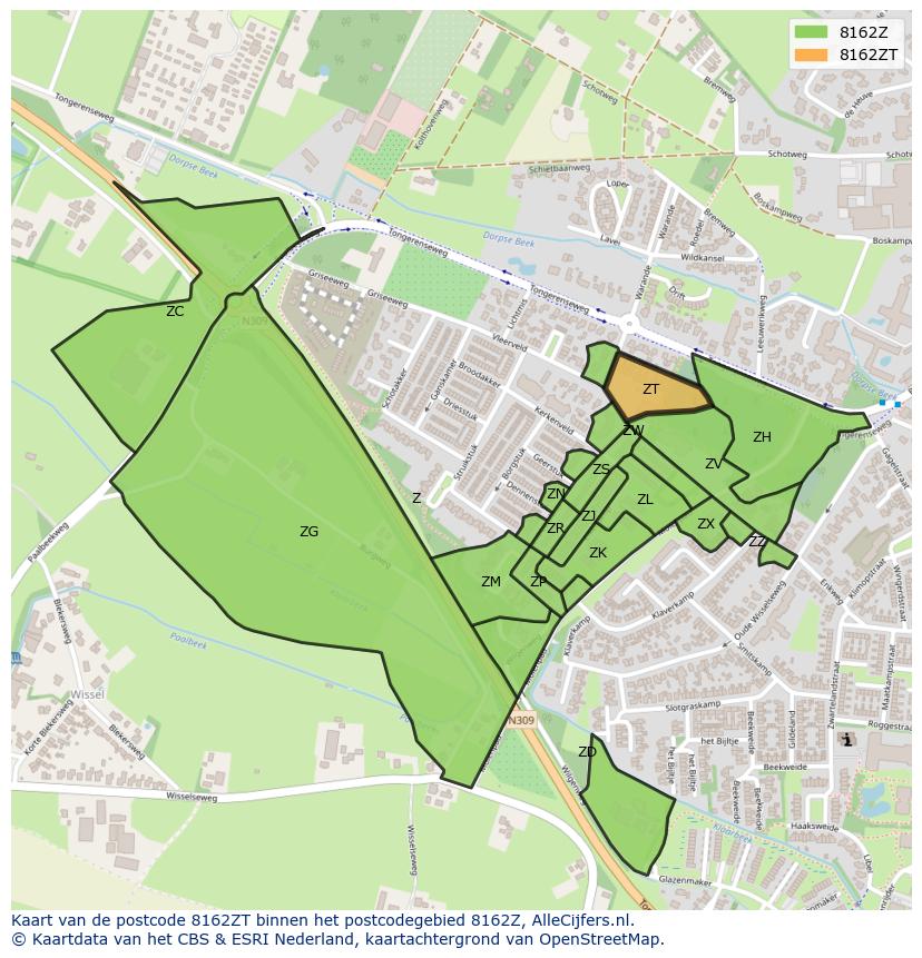Afbeelding van het postcodegebied 8162 ZT op de kaart.