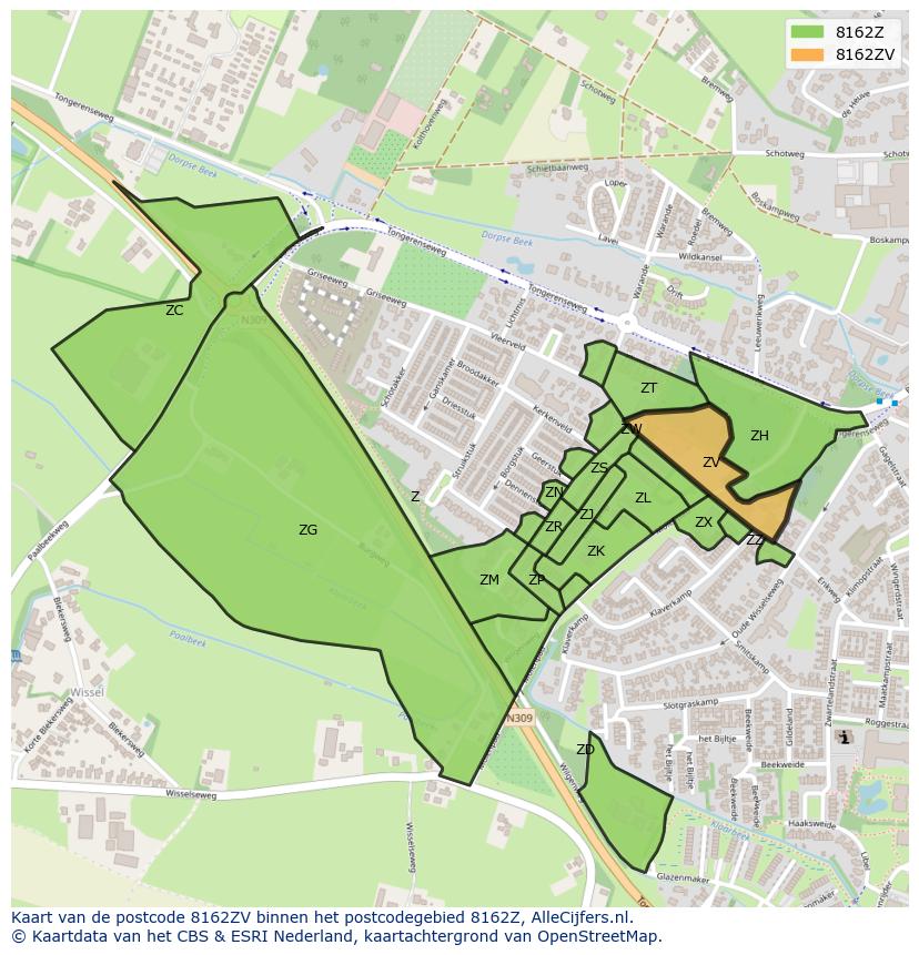 Afbeelding van het postcodegebied 8162 ZV op de kaart.
