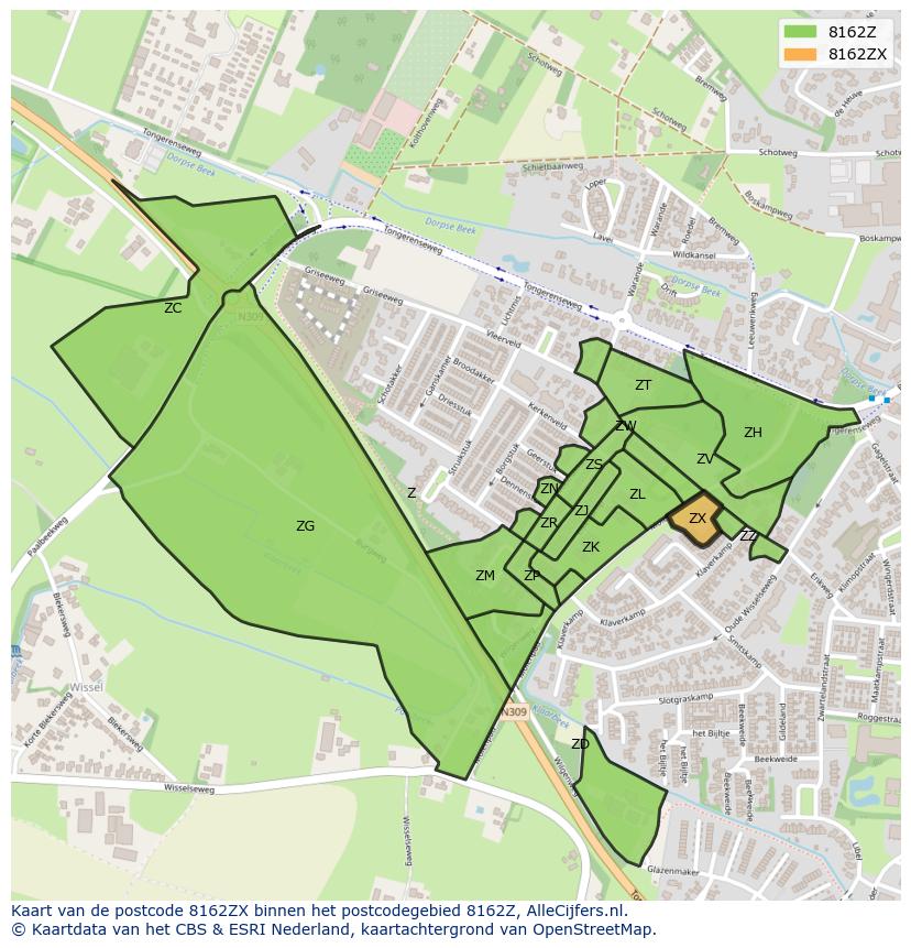 Afbeelding van het postcodegebied 8162 ZX op de kaart.