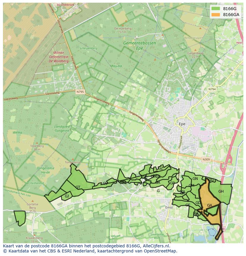 Afbeelding van het postcodegebied 8166 GA op de kaart.