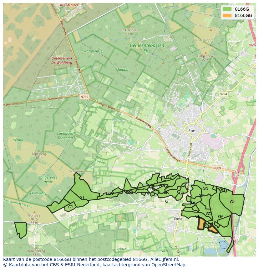 Afbeelding van het postcodegebied 8166 GB op de kaart.