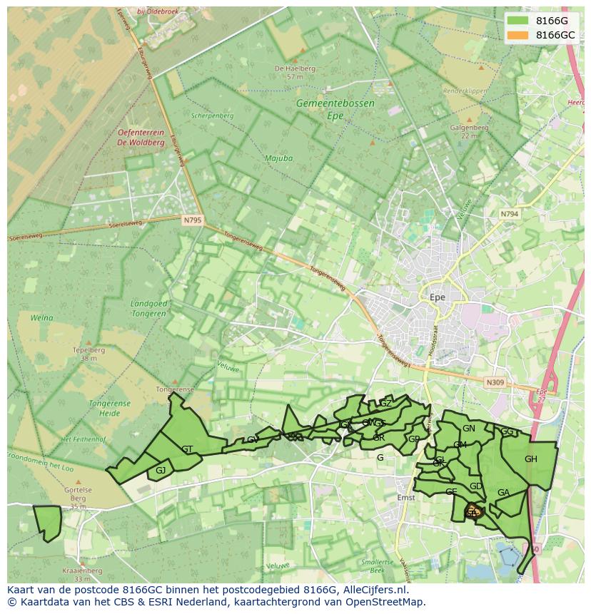Afbeelding van het postcodegebied 8166 GC op de kaart.