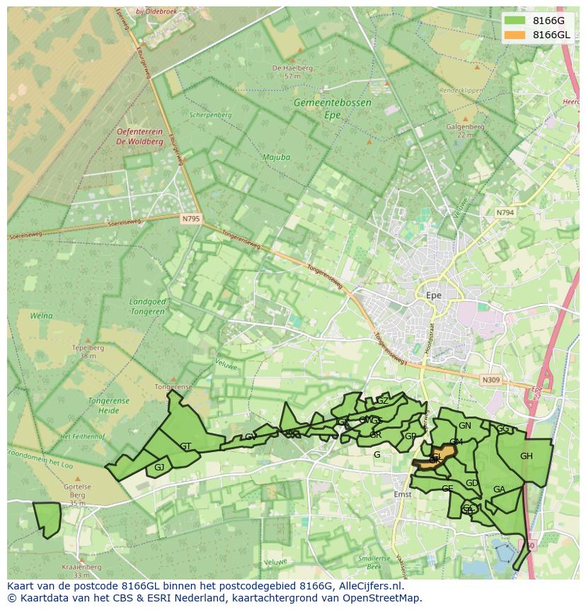 Afbeelding van het postcodegebied 8166 GL op de kaart.