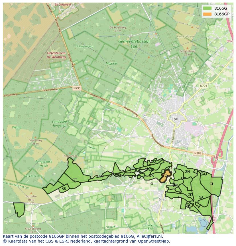 Afbeelding van het postcodegebied 8166 GP op de kaart.