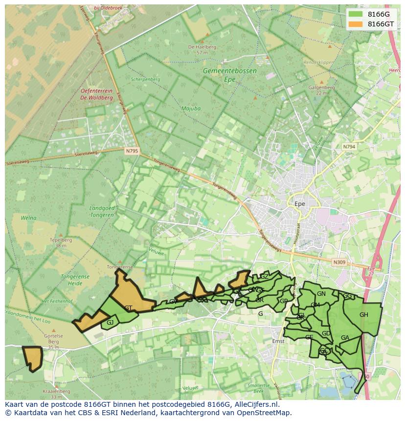 Afbeelding van het postcodegebied 8166 GT op de kaart.