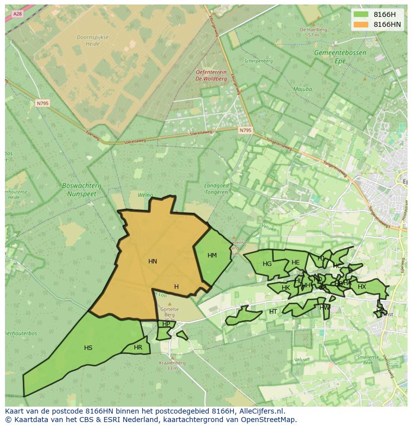 Afbeelding van het postcodegebied 8166 HN op de kaart.