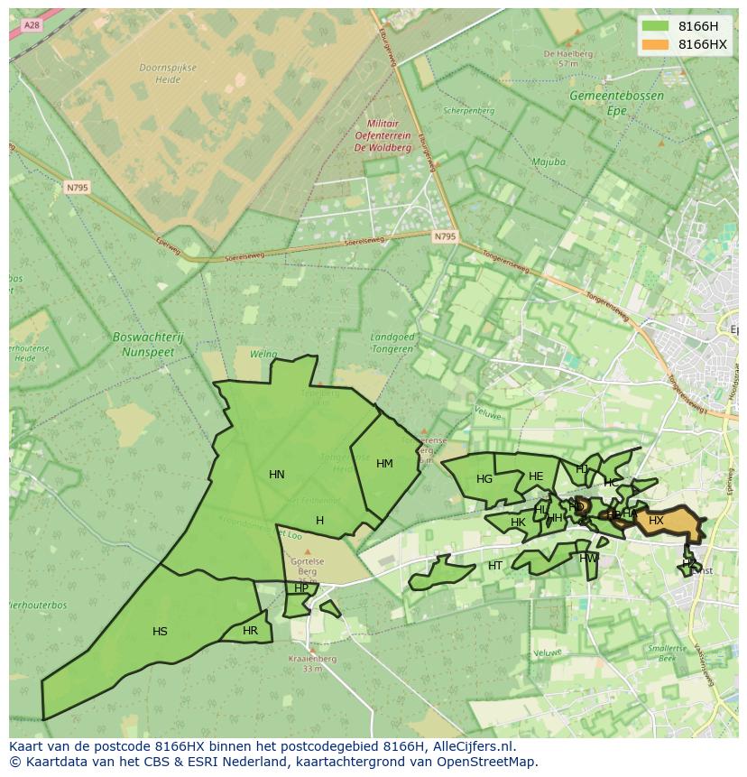 Afbeelding van het postcodegebied 8166 HX op de kaart.