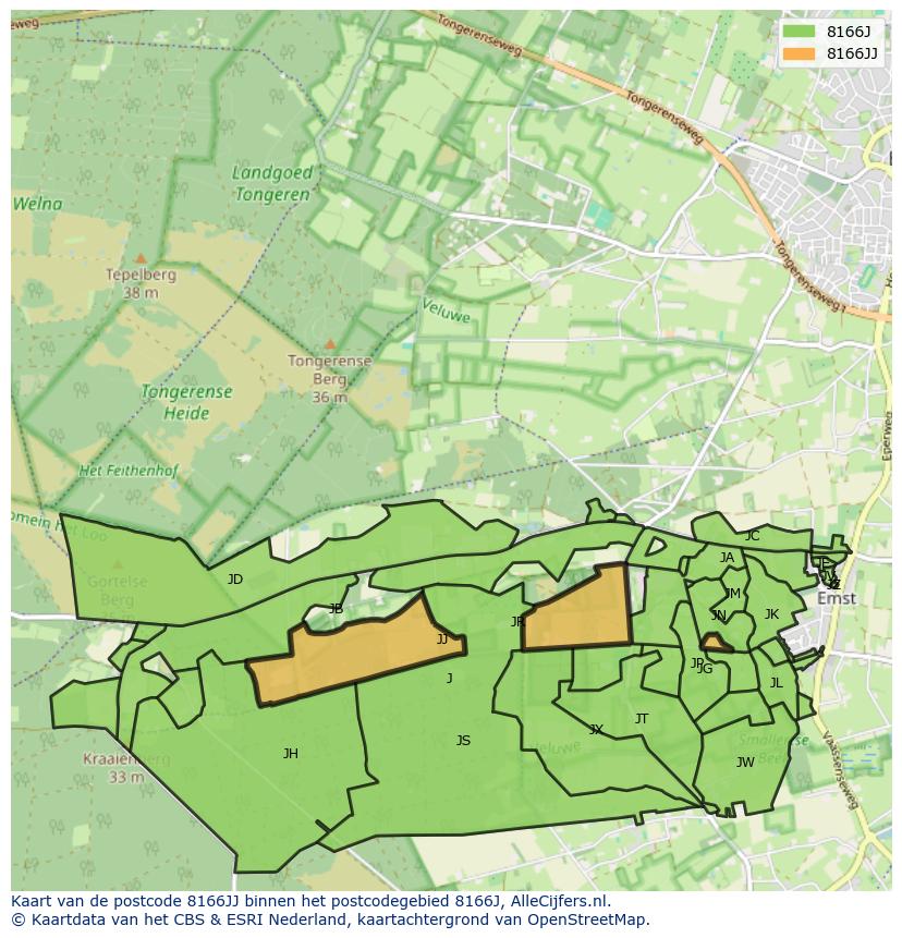 Afbeelding van het postcodegebied 8166 JJ op de kaart.