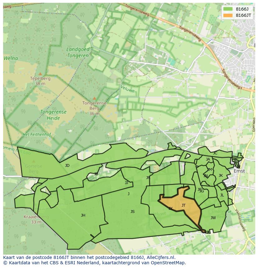Afbeelding van het postcodegebied 8166 JT op de kaart.