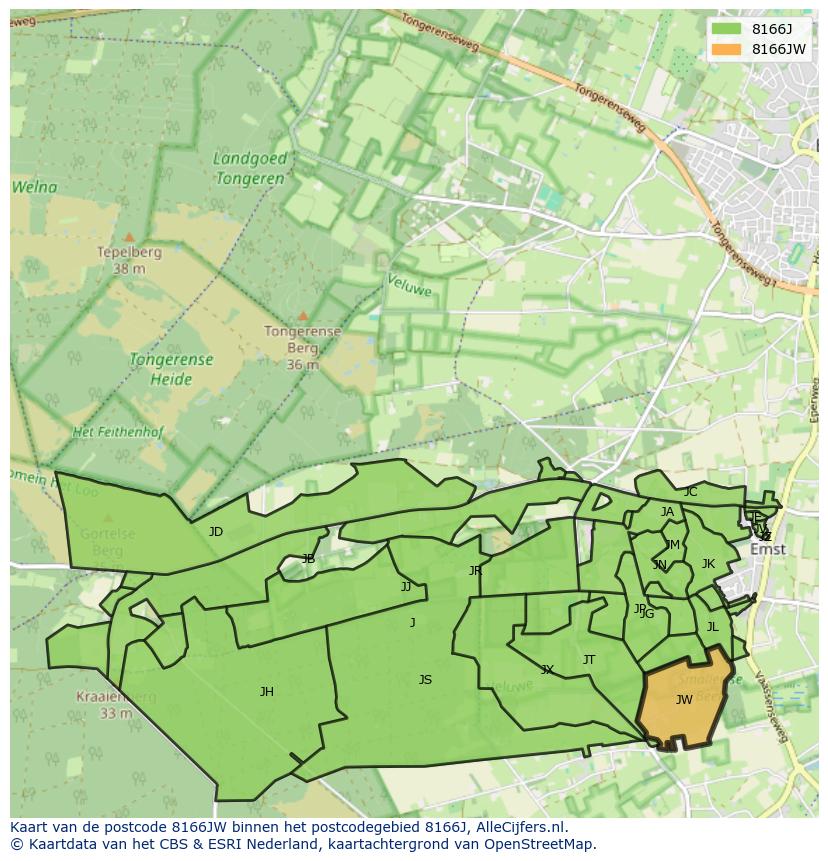 Afbeelding van het postcodegebied 8166 JW op de kaart.