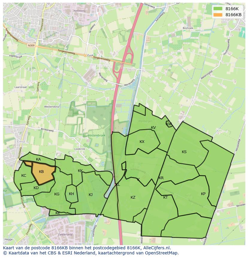 Afbeelding van het postcodegebied 8166 KB op de kaart.