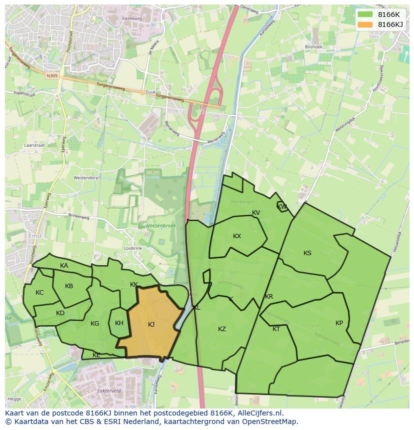 Afbeelding van het postcodegebied 8166 KJ op de kaart.