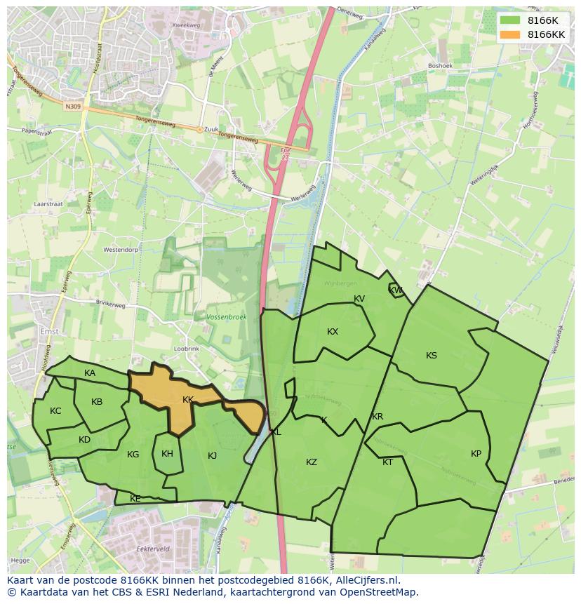 Afbeelding van het postcodegebied 8166 KK op de kaart.
