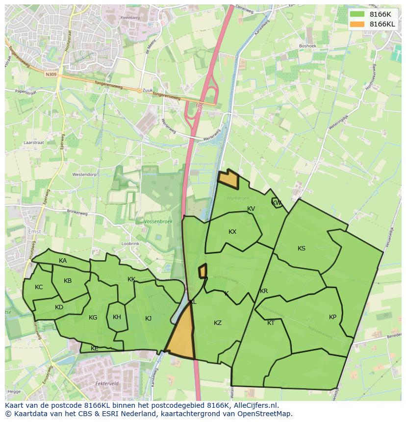 Afbeelding van het postcodegebied 8166 KL op de kaart.