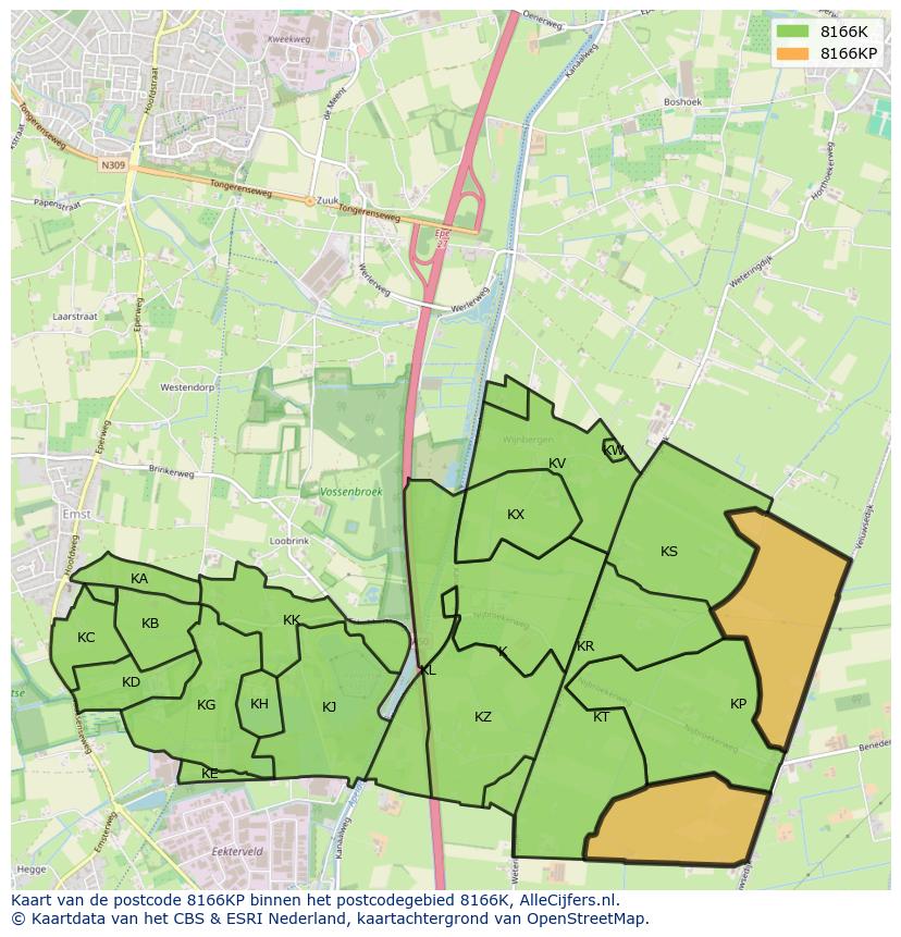Afbeelding van het postcodegebied 8166 KP op de kaart.