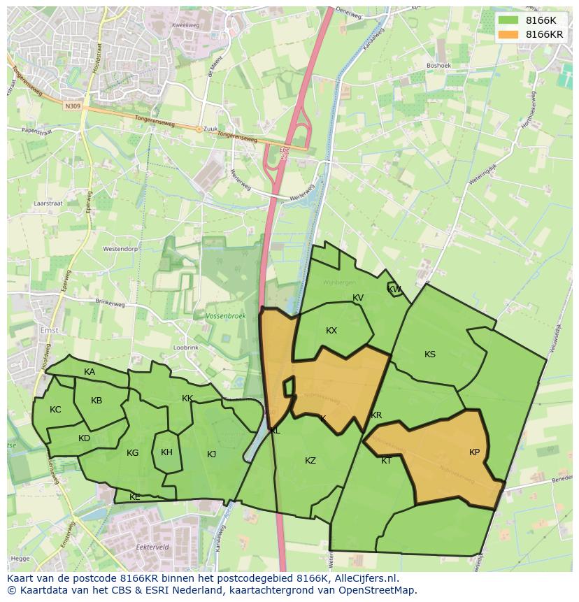 Afbeelding van het postcodegebied 8166 KR op de kaart.