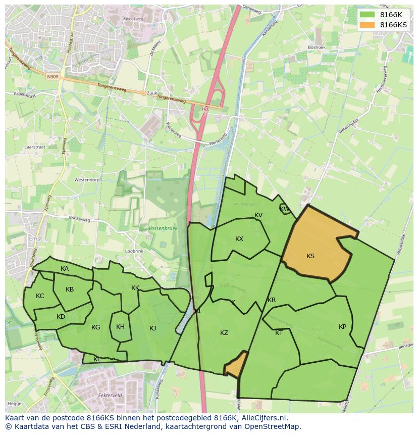 Afbeelding van het postcodegebied 8166 KS op de kaart.
