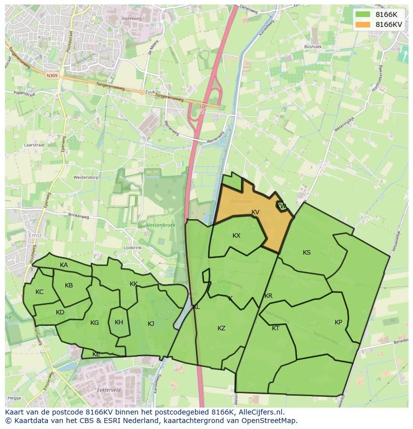 Afbeelding van het postcodegebied 8166 KV op de kaart.