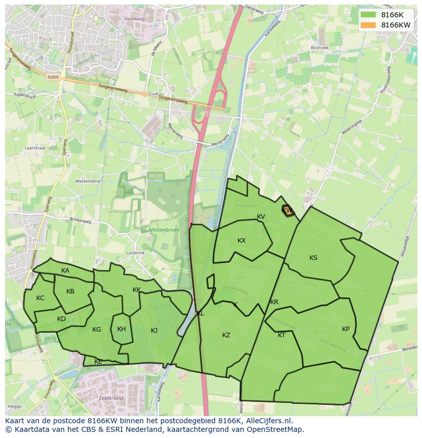 Afbeelding van het postcodegebied 8166 KW op de kaart.