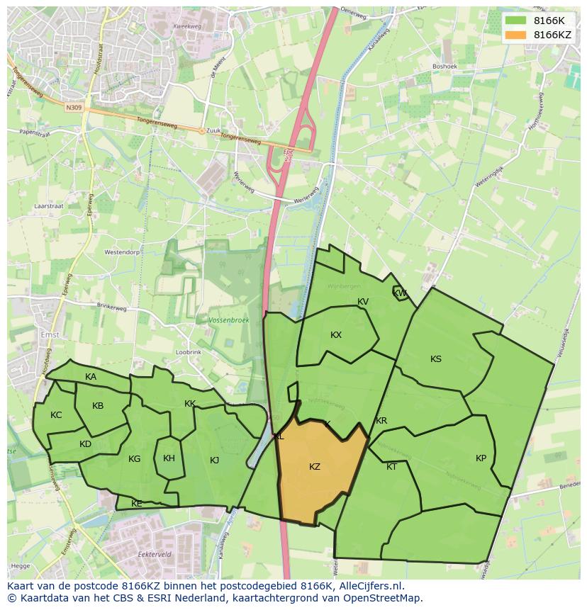Afbeelding van het postcodegebied 8166 KZ op de kaart.