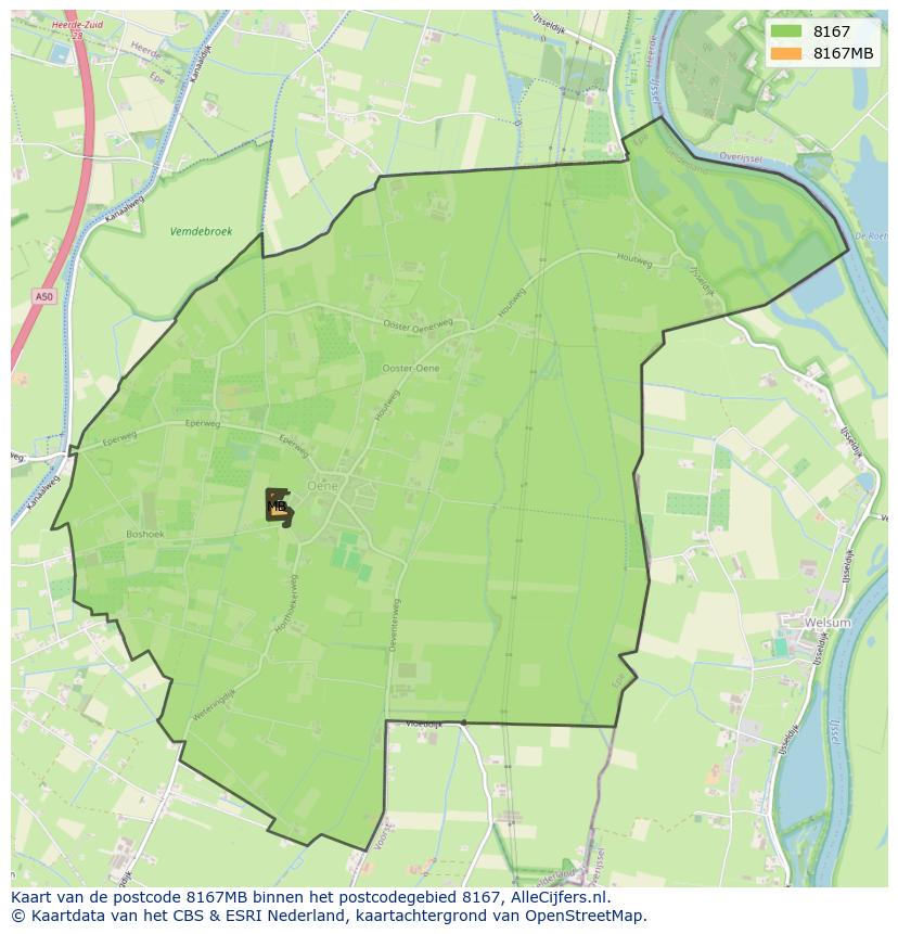 Afbeelding van het postcodegebied 8167 MB op de kaart.