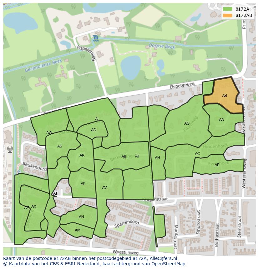 Afbeelding van het postcodegebied 8172 AB op de kaart.