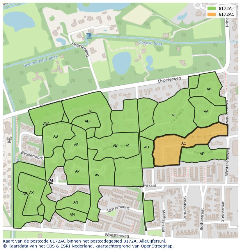 Afbeelding van het postcodegebied 8172 AC op de kaart.