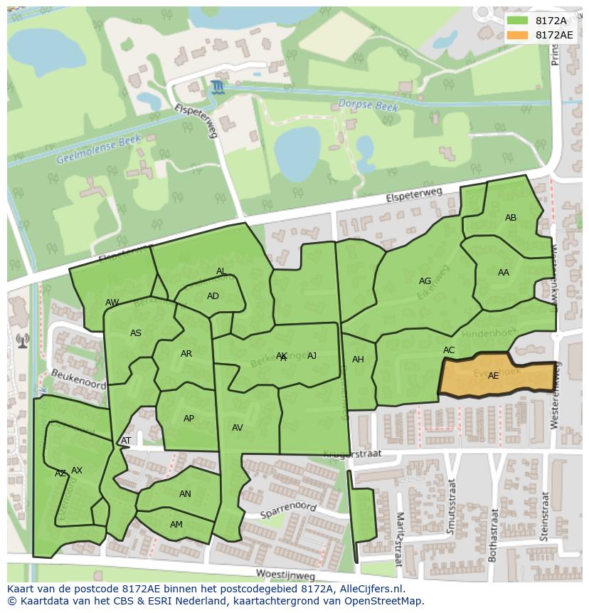 Afbeelding van het postcodegebied 8172 AE op de kaart.