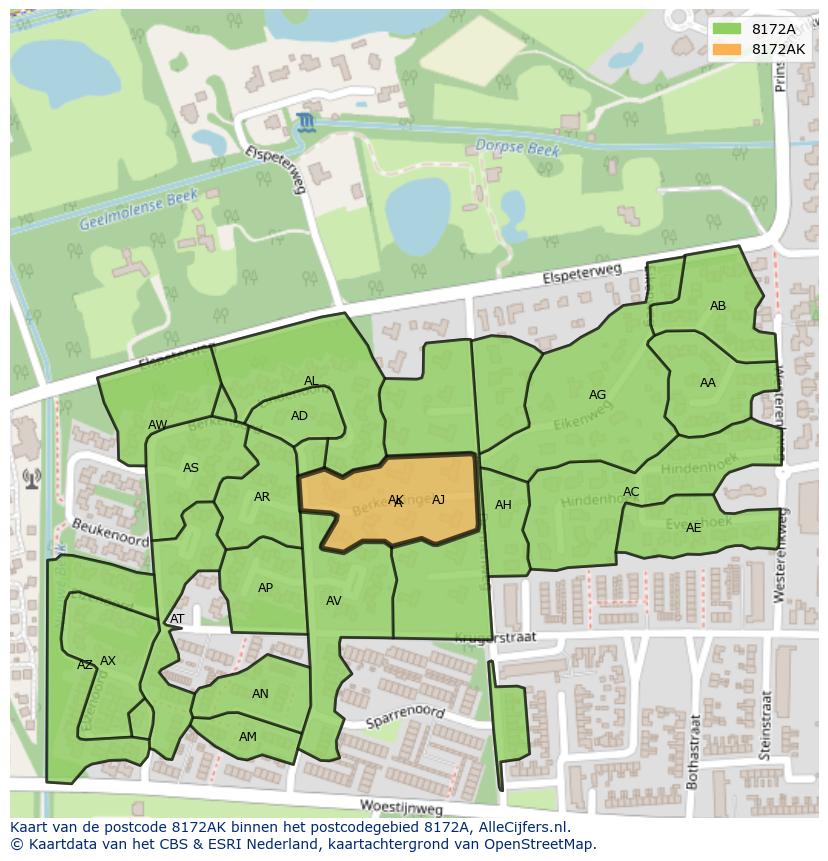 Afbeelding van het postcodegebied 8172 AK op de kaart.