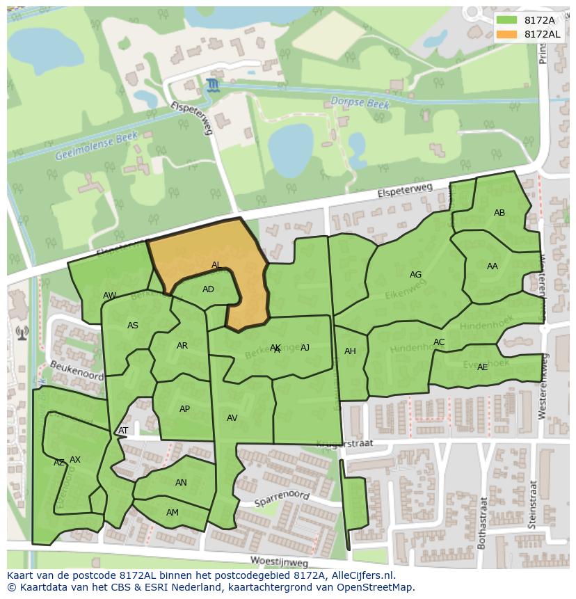 Afbeelding van het postcodegebied 8172 AL op de kaart.