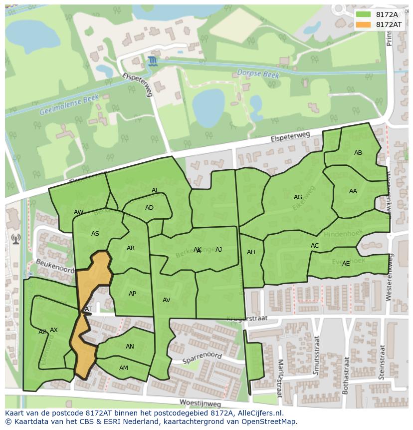 Afbeelding van het postcodegebied 8172 AT op de kaart.