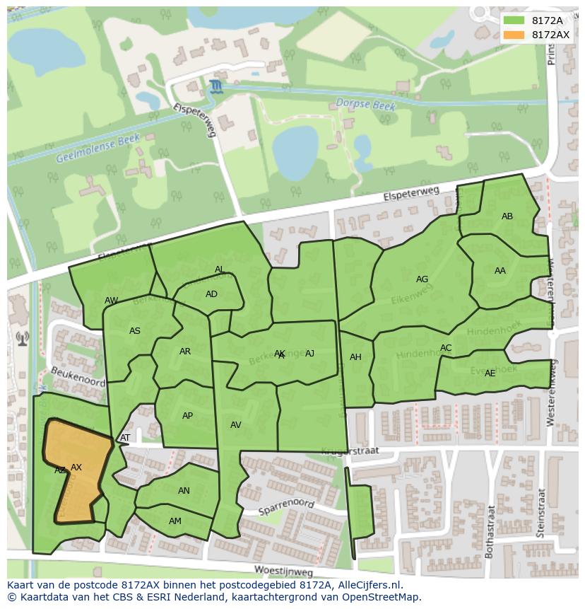Afbeelding van het postcodegebied 8172 AX op de kaart.