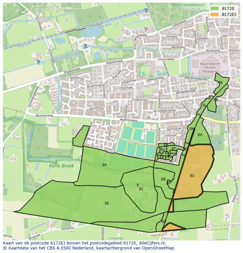 Afbeelding van het postcodegebied 8172 EJ op de kaart.